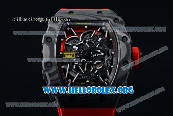1:1 Richard Mille RM 35-02 RAFAEL NADA Japanese Miyota 9015 Automatic Black PVD Case with Skeleton Dial Red Rubber Strap - Click Image to Close